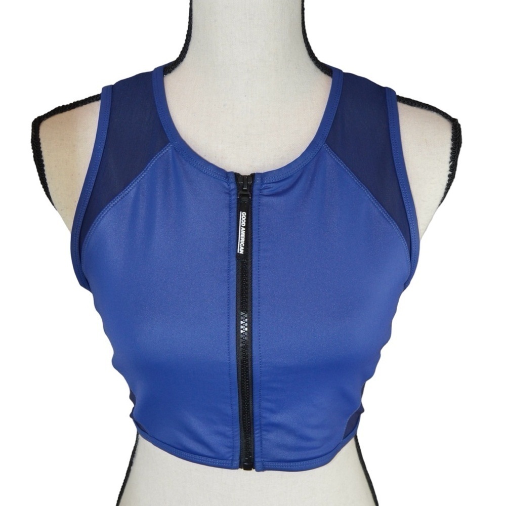 Good American The Power Full Zip Sports Bra, Size 2 (Medium), 2 Tone Blue